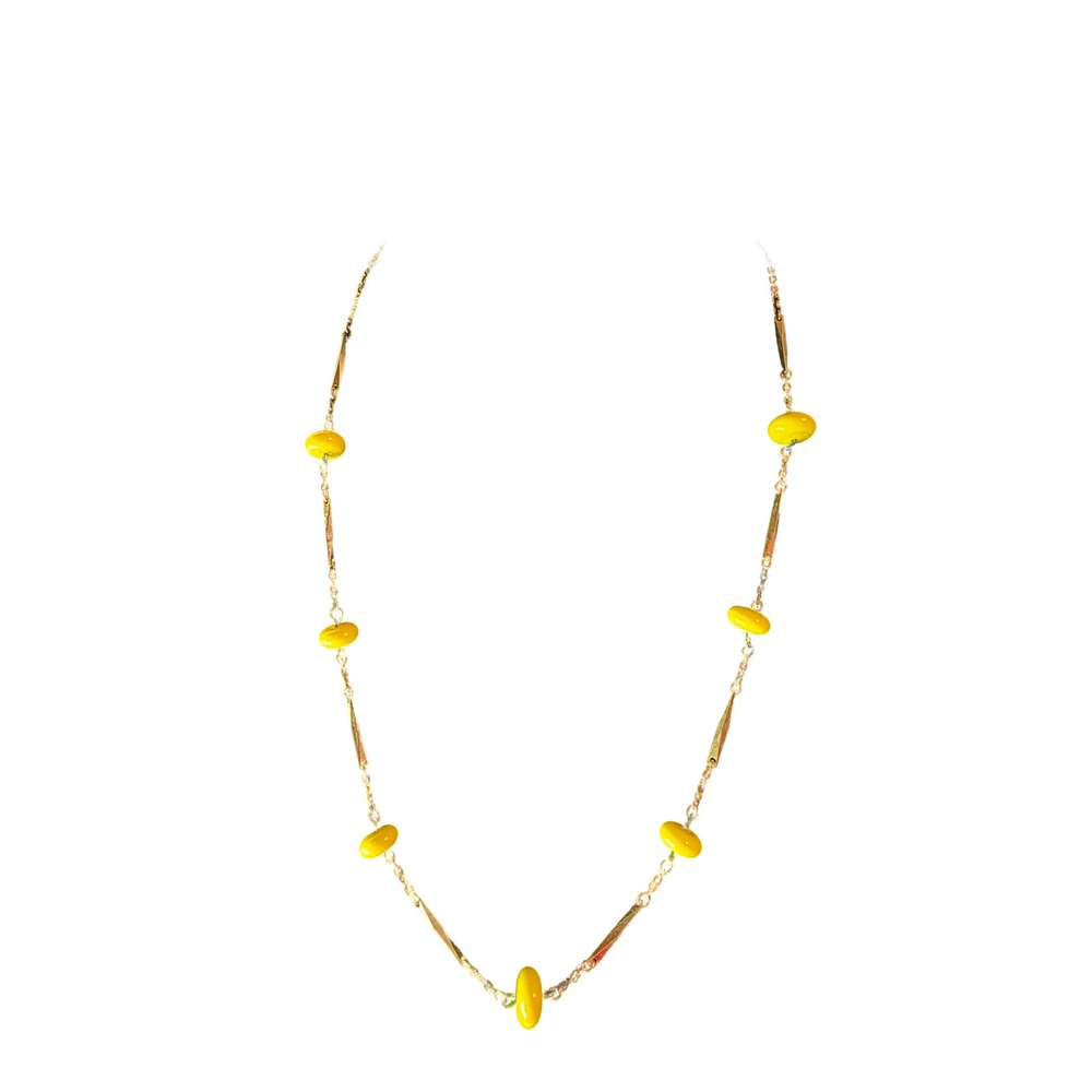 Vintage Yellow Art Glass Bead Station Necklace Gold Tone Chain Mid Century Retro